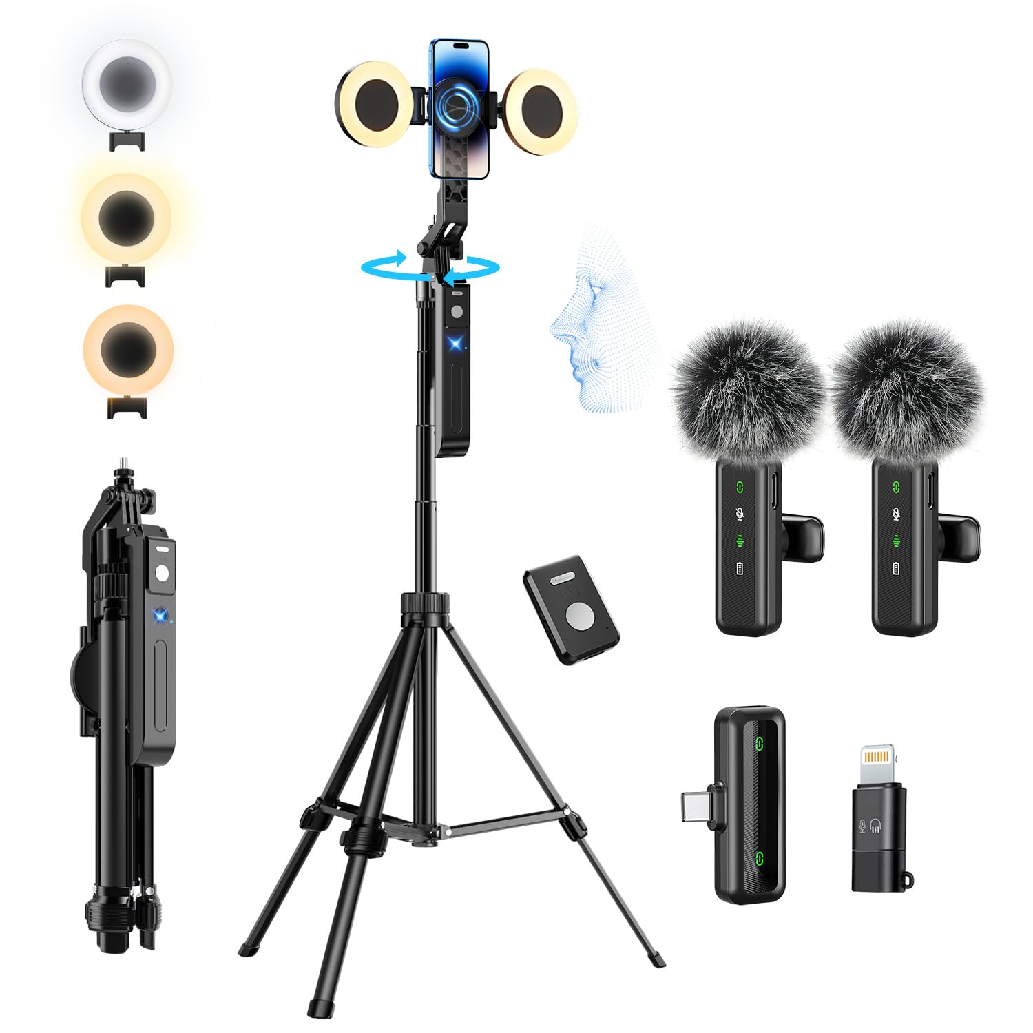 Photo 1 of yAyusi Vlogging Kit for iPhone/Android, 70.9" Magnetic Auto Face Tracking Tripod for iPhone with Light, Microphone/Remote Control, Content Creator Essentials Starter Kit for TikTok and YouTube