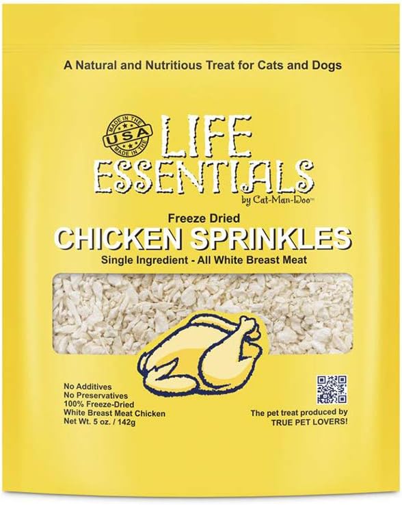 Life Essentials by Cat-Man-Doo All Natural Freeze Dried Chicken Sprinkles for Dogs & Cats - No Fillers, Preservatives, or Additives -- No Grain Tasty Treat -- Made in USA (3 Oz Bag)
