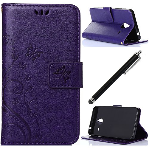 Microsoft Lumia 640XL Purple Flip Case,Butterfly Pattern Qbily PU Leather Wallet Stand Strap Protective Cover with Built-in Credit Card,ID Card Slot,Cash Pocket and Magnetic Closure + Stylus Pen