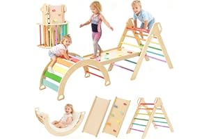 ZippyZebra Large pikler Triangle Set with Cushion，7 in 1 Foldable Baby Jungle Gym with Ramp & Arch，Wooden Montessori Toddler Climbing Toys Indoor for Toddlers 1-6 Year Old Rainbow
