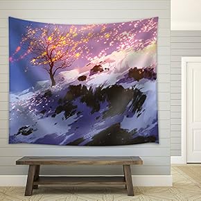 Fantasy Landscape Showing Bare Tree in Winter with Glowing Snow,Digital Painting - Fabric Wall Tapestry Home Decor - 51x60 inches
