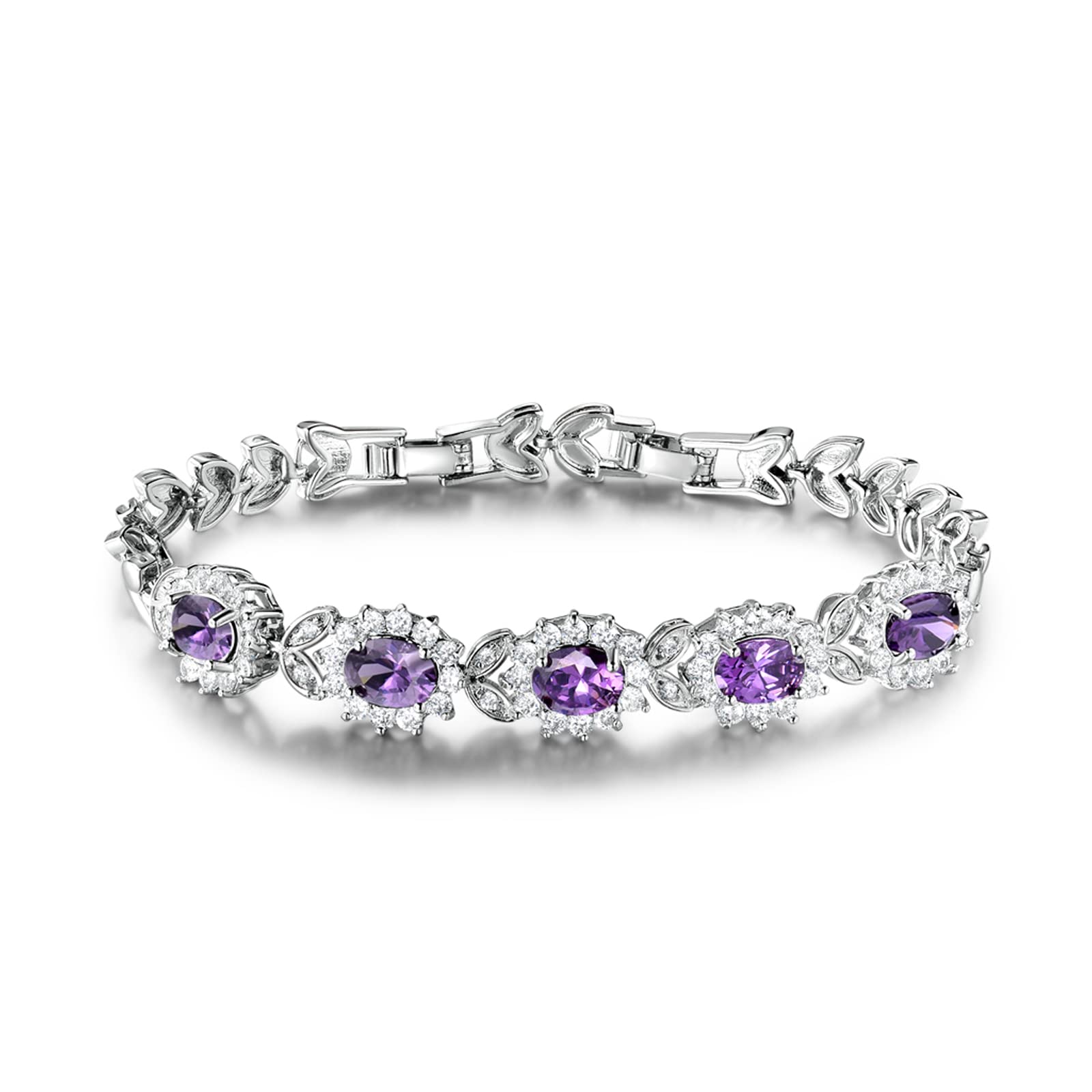GULICX Purple Cubic Zirconia Crystal White Gold Electroplated Bridal Link Statement Women Bracelet for Party Evening Bridal