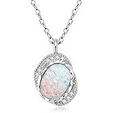 YUNKAI Opal Necklaces for Women Sterling Silver, Pear/Round/Oval Created-Opal Pendants, Dainty Vintage Necklace Fine Jewelry Gift for Birthdays Anniversaries, October Birthstone Pendant