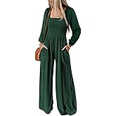 Happy Sailed Women's Long Sleeve Jumpsuits Loose Fit Overalls Square Neck Pockets High Waisted Wide Leg Pants Rompers