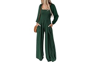Happy Sailed Women's Long Sleeve Jumpsuits Loose Fit Overalls Square Neck Pockets High Waisted Wide Leg Pants Rompers