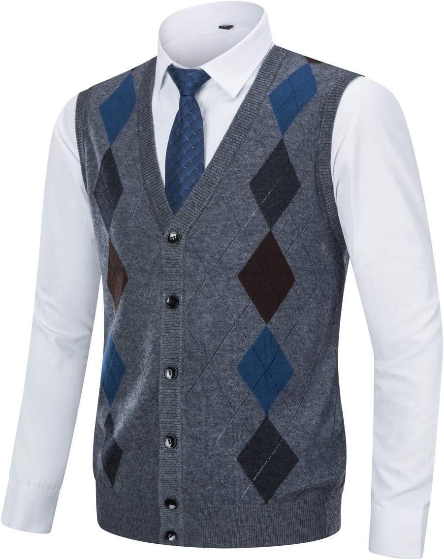Yingqible Mens Casual Slim Fit V-Neck Argyle Cardigan Sweater Vest Long Sleeve Knit Sweater with Front Button