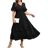 RWJ Womens 2026 Summer Plus Size Wedding Guest Dresses Ruffle Sleeve V Neck A Line Flowy Tiered Maxi Dress