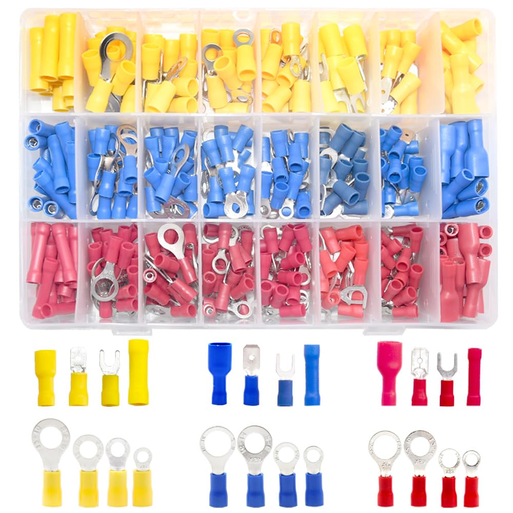 Yosawo 360 Pieces Crimp Connectors Electrical Connectors Insulated Crimp Terminals Kit Spade Bullet Butt Fork Wire Connectors(PVCZ)