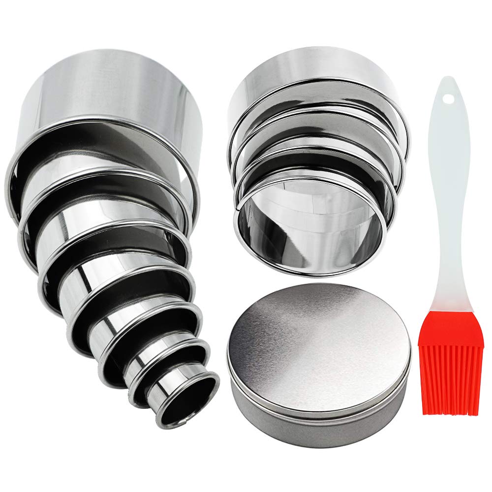 13Pcs Round Cookie Pastry Cutters Round Biscuit Cutters Ring Scone Cutter with Silicone Brush Storage Tin Stainless Steel Circle Cookie Cutter for Pastry Donut Fondant Baking DIY Cake