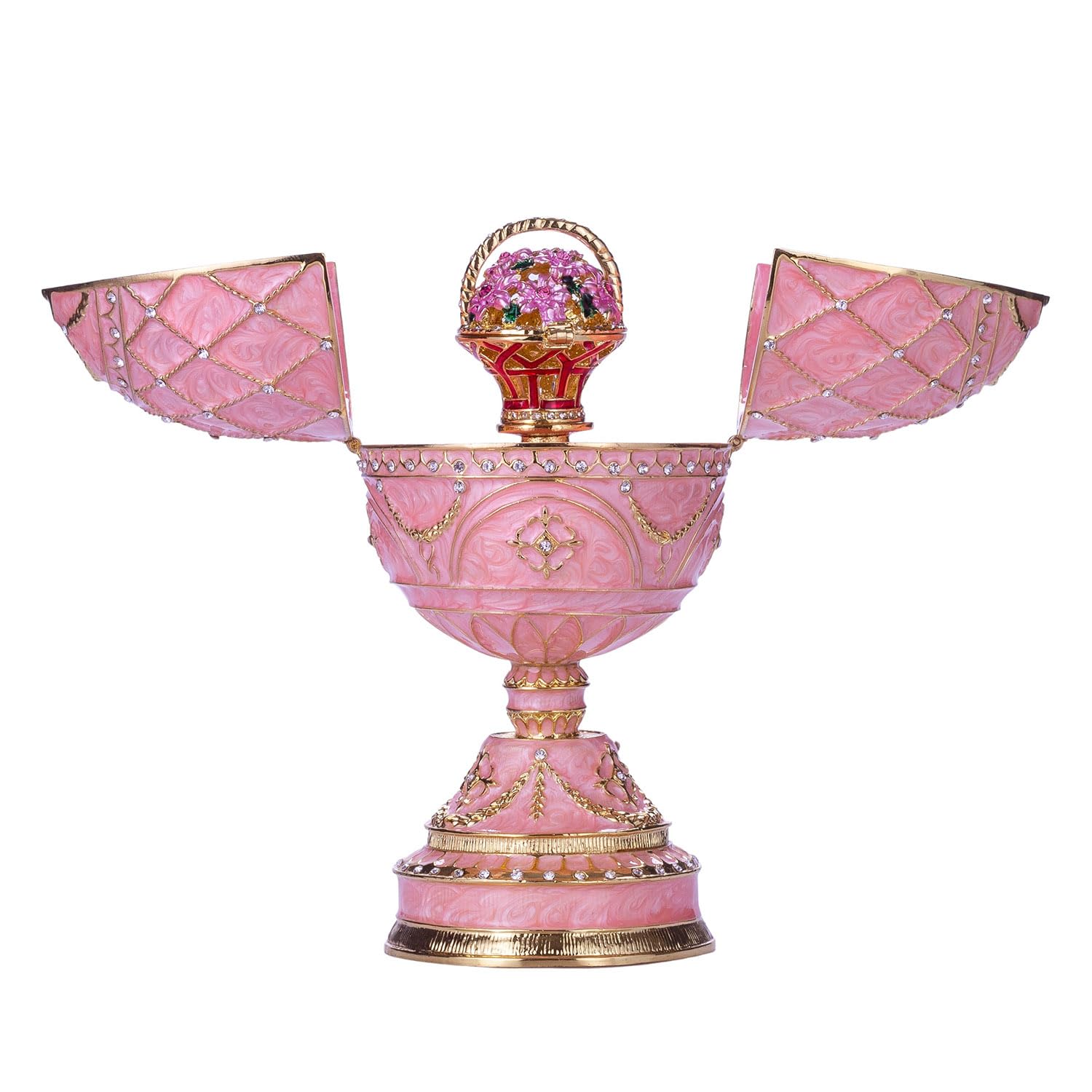 danila-souvenirs Glamorous Style Easter Egg Music Box Trinket Jewel Box with Basket of Flowers 17 cm pink