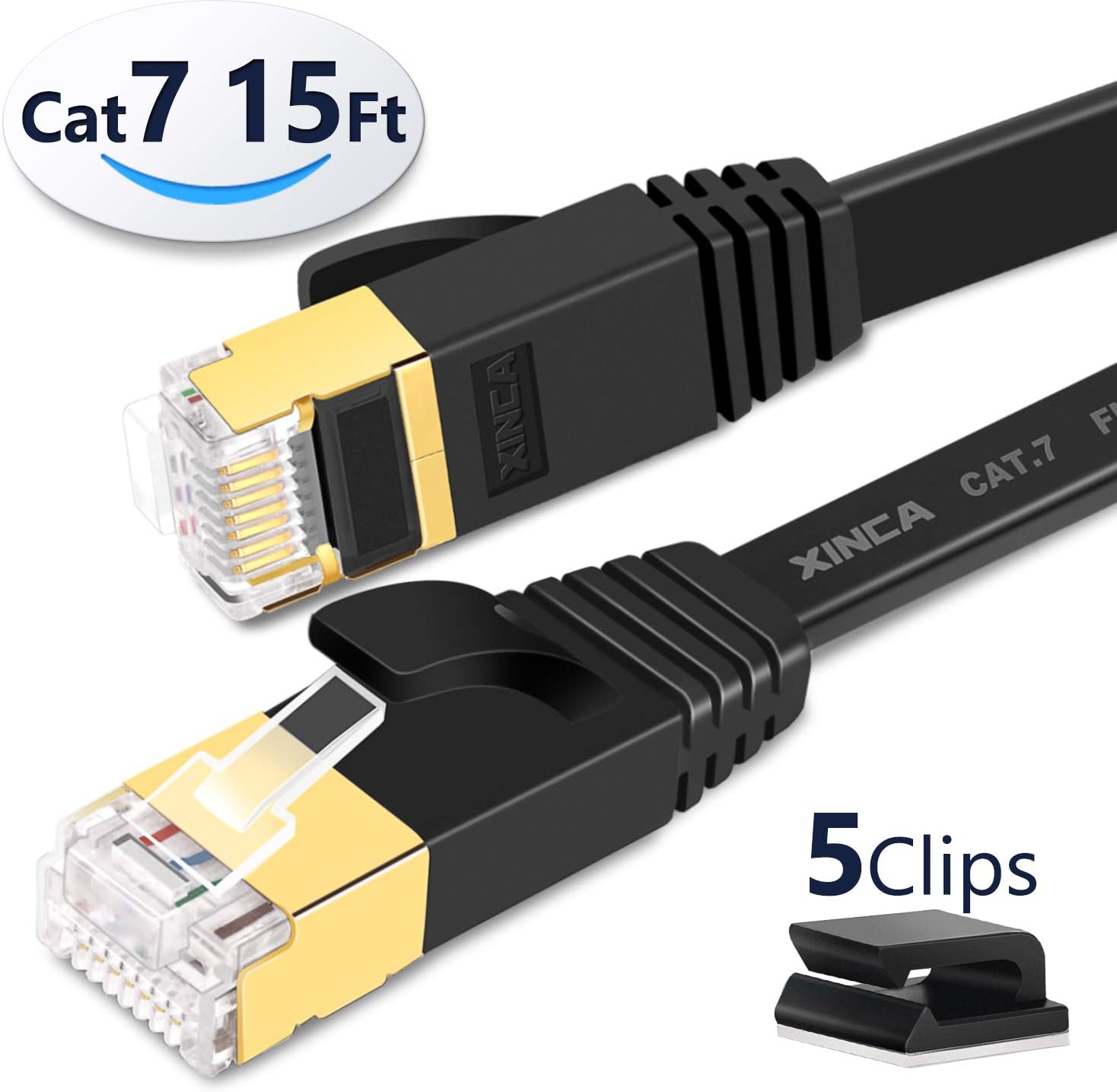 Cat 7 Flat Cable 15ft Black,High Speed 10GB Shielded (STP) LAN Network Cable