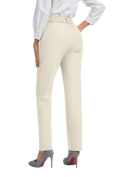 FUNYYZO WOMEN’S STRETCH BUSINESS WORK PANTS WITH POCKETS WEAR TO WORK CASUAL SUITPANTS LONG STRAIGHT TROUSERS APRICOT