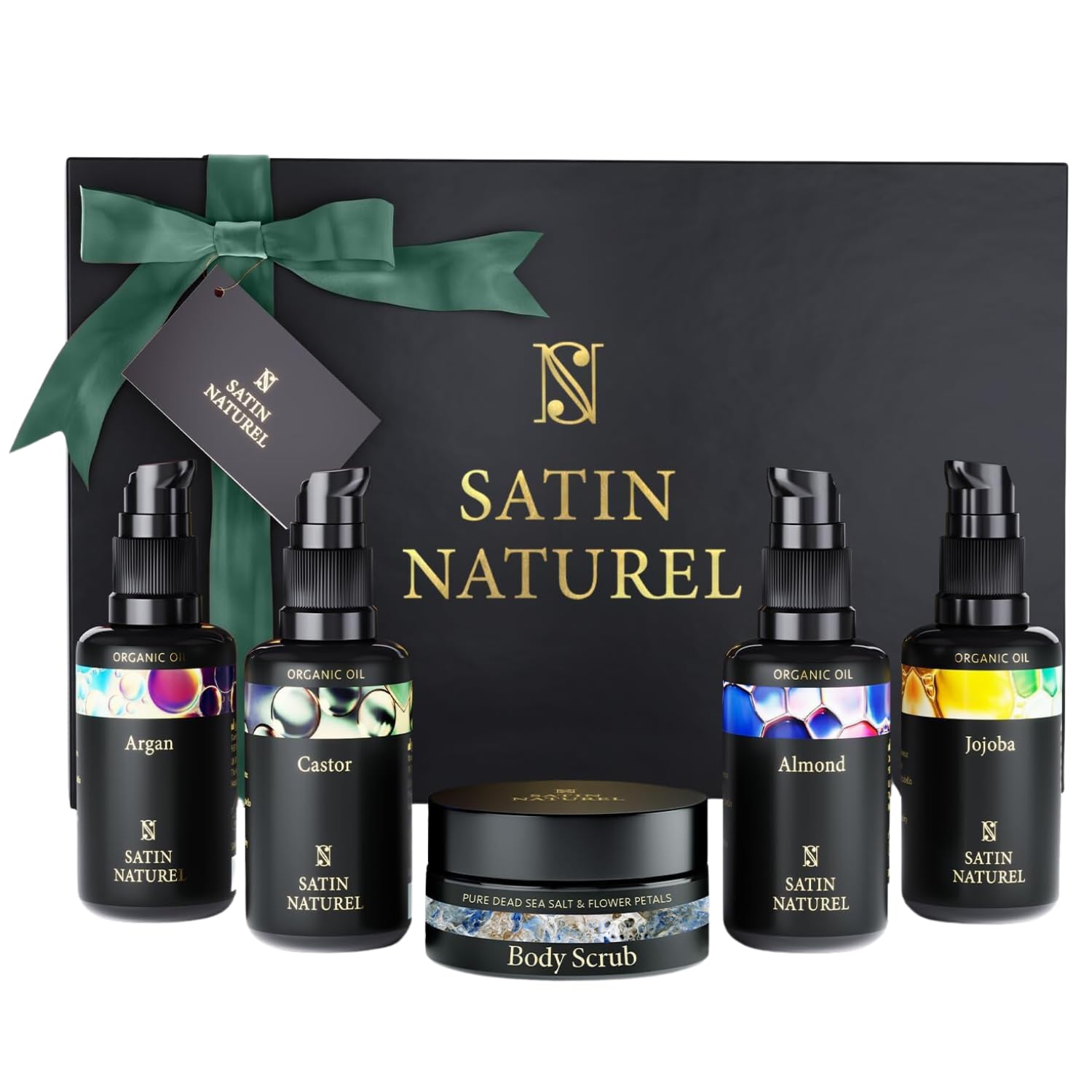 Satin Naturel Gift Box 5x30ml for Women – Luxury Organic Cold-Pressed Hair Growth Oil, Argan Oil, Jojoba Oil, Almond Oil, Castor Oil & Body Scrub – Premium Natural Gift Set