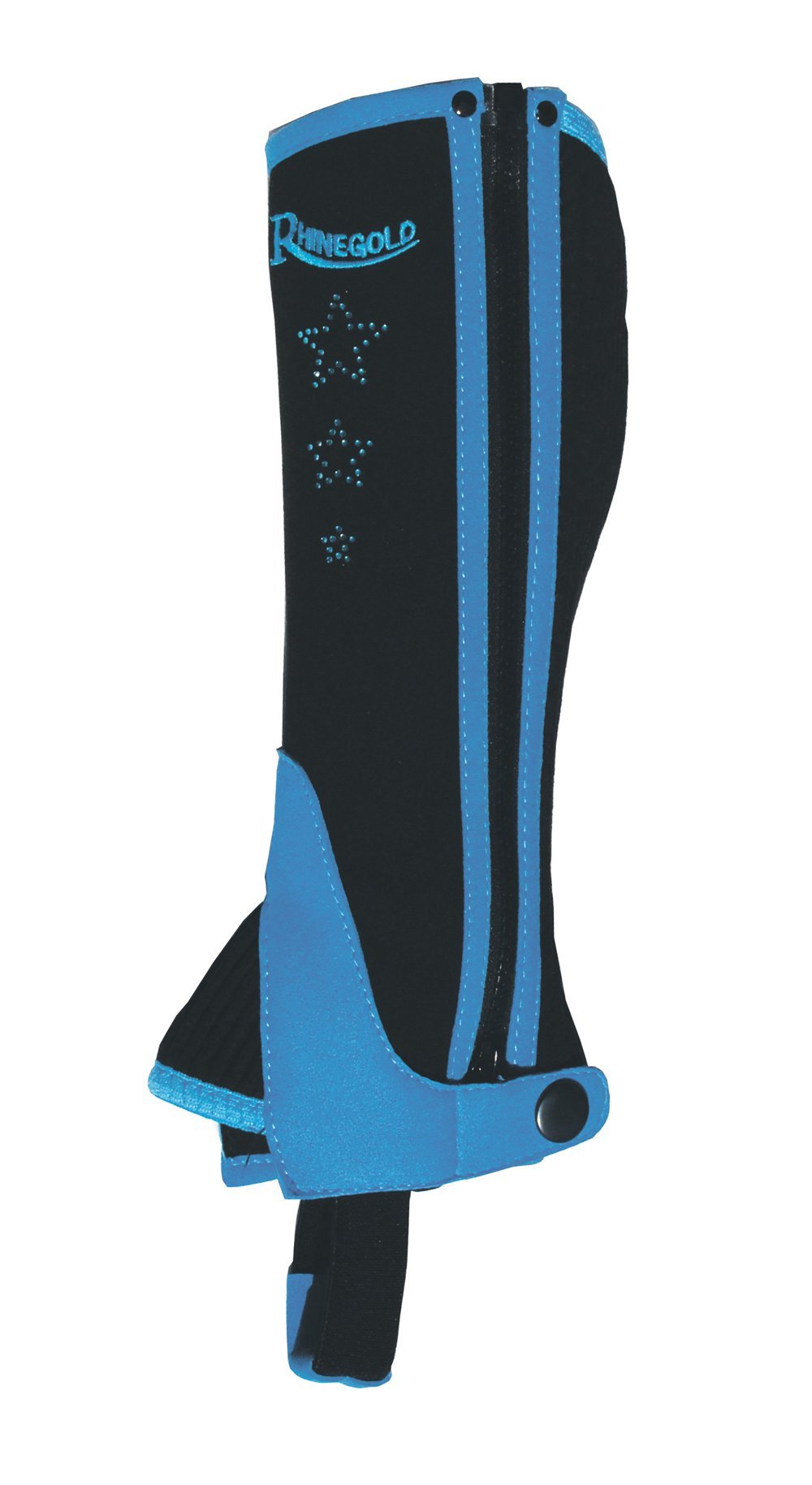 Rhinegold CHILDREN’S HALF CHAPS, Blue, Size L – Synthetic Horse Riding Gaiters with Elasticated Fit, Durable Zip & Sparkly Star Design – Pony & Equestrian Wear