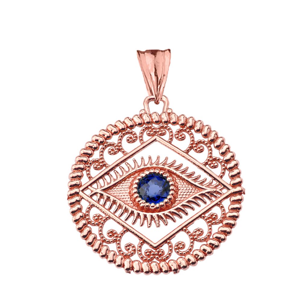 Exquisite 10k Rose Gold Evil Eye Filigree Charm Pendant with Blue Center Stone