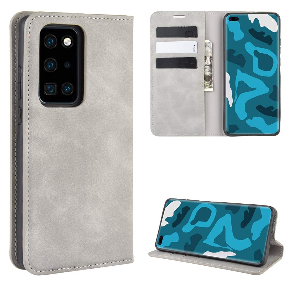 ROVLAK Case for Huawei P40 Pro Magnetic Wallet Flip Cover with Card Slot Shockproof PU Leather Case+Inner TPU Silicone Case with Kickstand Cover for Huawei P40 Pro Smartphone Case,Gray