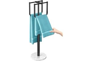 CHJGROUP Marble Hand Towel Holder Stand, 2 Hanging Rings for Bathroom Vanity Countertop, Free-Standing Towel Rack, Stainless Steel Waterproof Rustproof Counter Organizer Matte Black