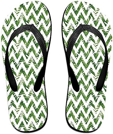 Unisex Chevron Motif Zigzag Lines With Green Palm Leaves Modern Artistic Summer Flip Flops, Funny Thong Sandals, Beach Sandals M