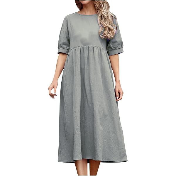 Necooer Women's Casual Pleated Midi Dress - Loose Fit, Short Sleeve, Flowy Swing Style (Gray, Small)