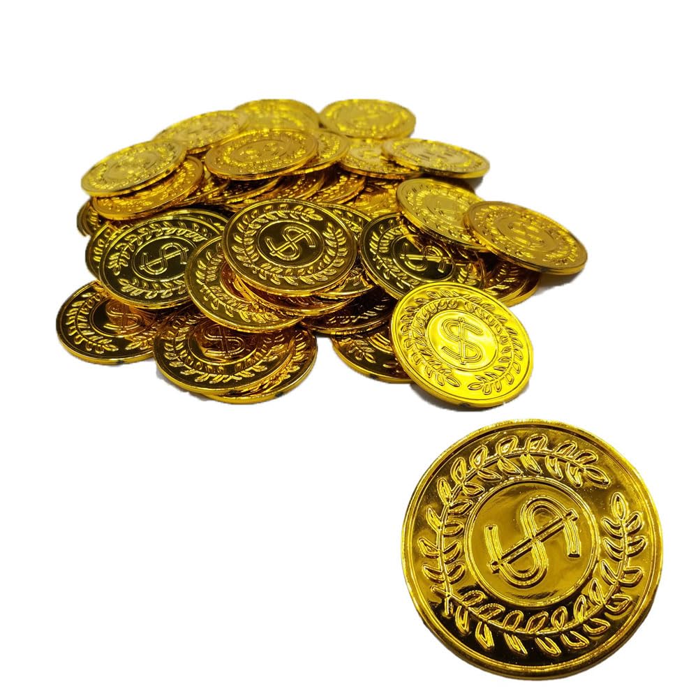 zalati Artificial Gold Coins 100pcs Faux Treasure Chest Money Toys Props for Kids Pirate Hunt Theme Party Games