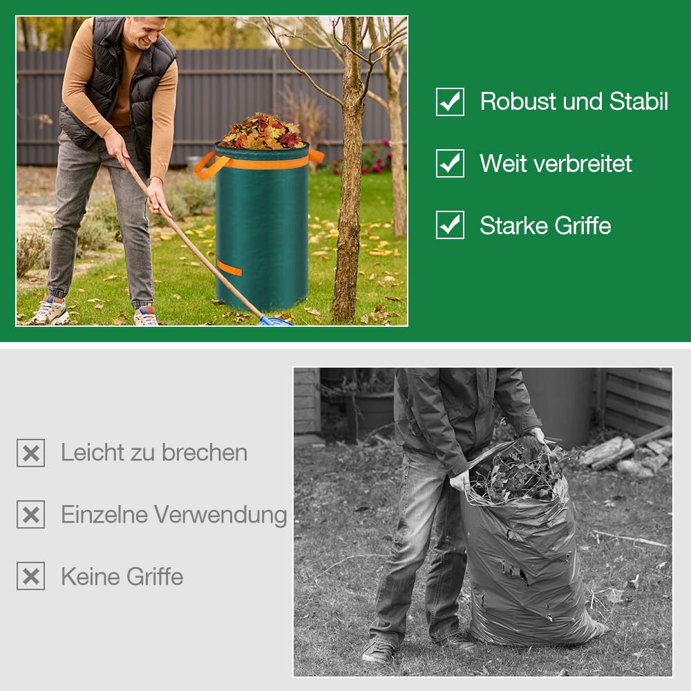 Eurhomewit 3 Gartenabfallsack 272L Laubsack Gartensack mit Deckel und Griffen, Groß Stabile Gartensäcke Laubsammler, Selbststehend Abfallsack Stabil Grünschnittsäcke für Gras Laub Hecke Gartenabfall 8