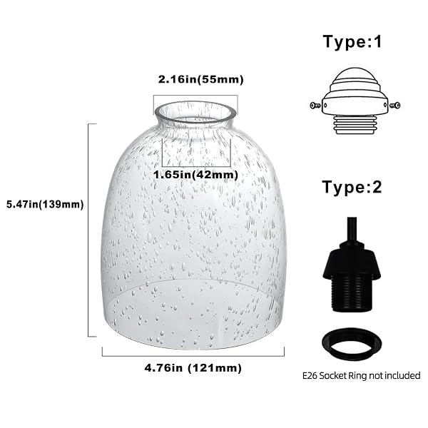 4 PACK CLEAR SEEDED GLASS REPLACEMENT SHADES COVERS FOR CEILING FAN LIGHT FIXTURES PENDANT LIGHTING CHANDELIER VANITY LIGHT KITCHEN ISLAND LIGHT, 2-1/8″ FITTER, 5.47″ HIGH, 4.76″ DIAMETER