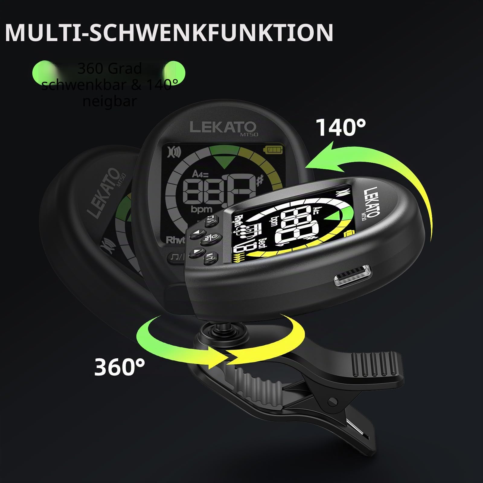 3 in 1 Stimmgerät Gitarre, Metronom-Tongenerator,LEKATO Wiederaufladbares chromatisches tuner mit Farbdisplay und Metronom, Clip-On Tuner für Gitarre, Bass, Ukulele, Violine und andere Instrumente 5