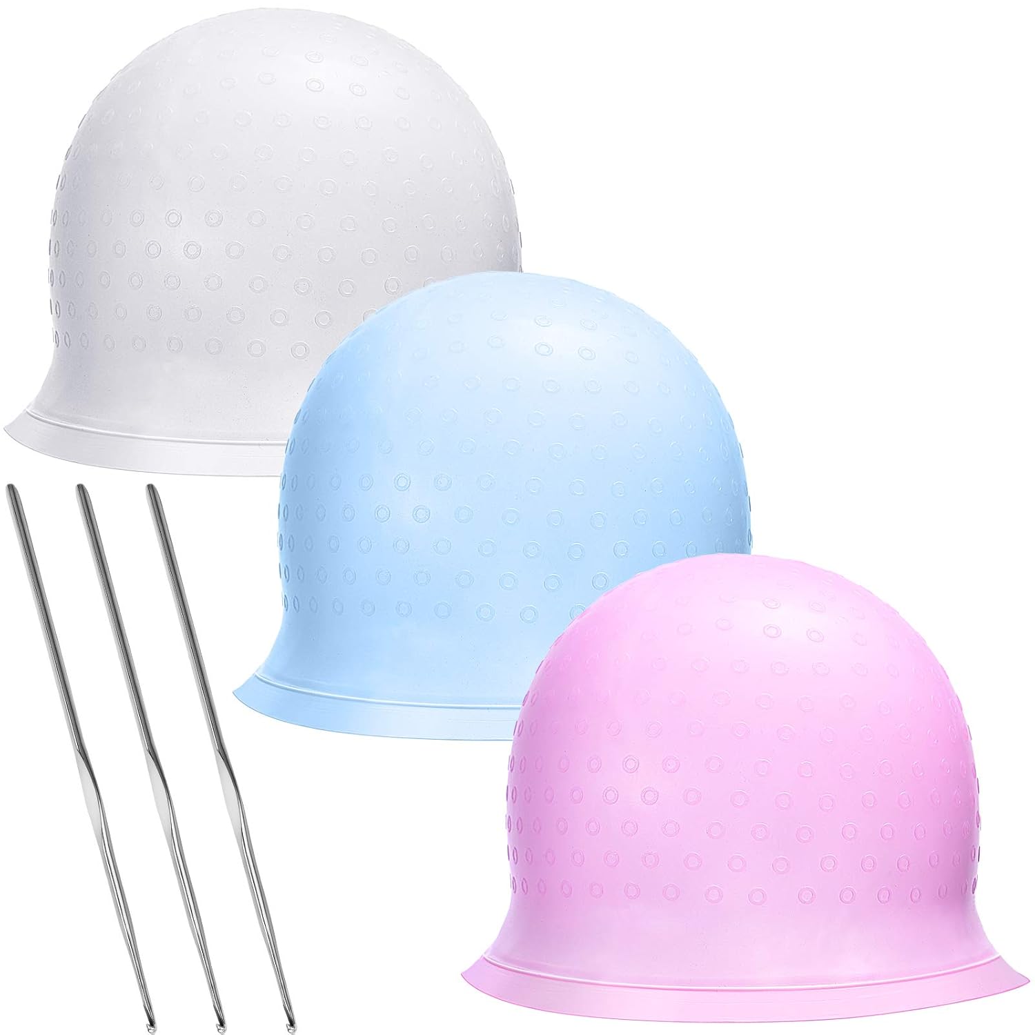 3 Pieces Reusable Silicone Hair Staining Cap Multicolor Hair Coloring Dye Cap with Metal Hook Silicone Hair Coloring Highlighting Cap for Home Salon Hairdressing Tools (Blue, White, Purple) : Beauty