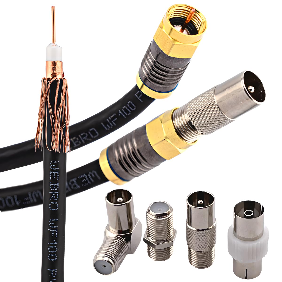 Duncan Duck (Black 1mtr) Coaxial TV Aerial Lead + Satellite Cable + Virgin Media Cable - Male to Male + Male to Female - WF100 All Copper Coaxial Cables - Gold Plated Compression Connectors. — image 1