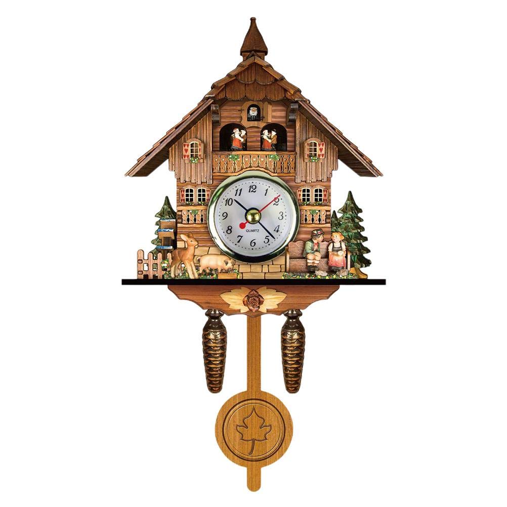 Ghzste Retro Cuckoo Clock European Antique Wooden Cuckoo Birdhouse Wall Clock with Auto Swing Bell Pendulum for Home Decor (CM010)