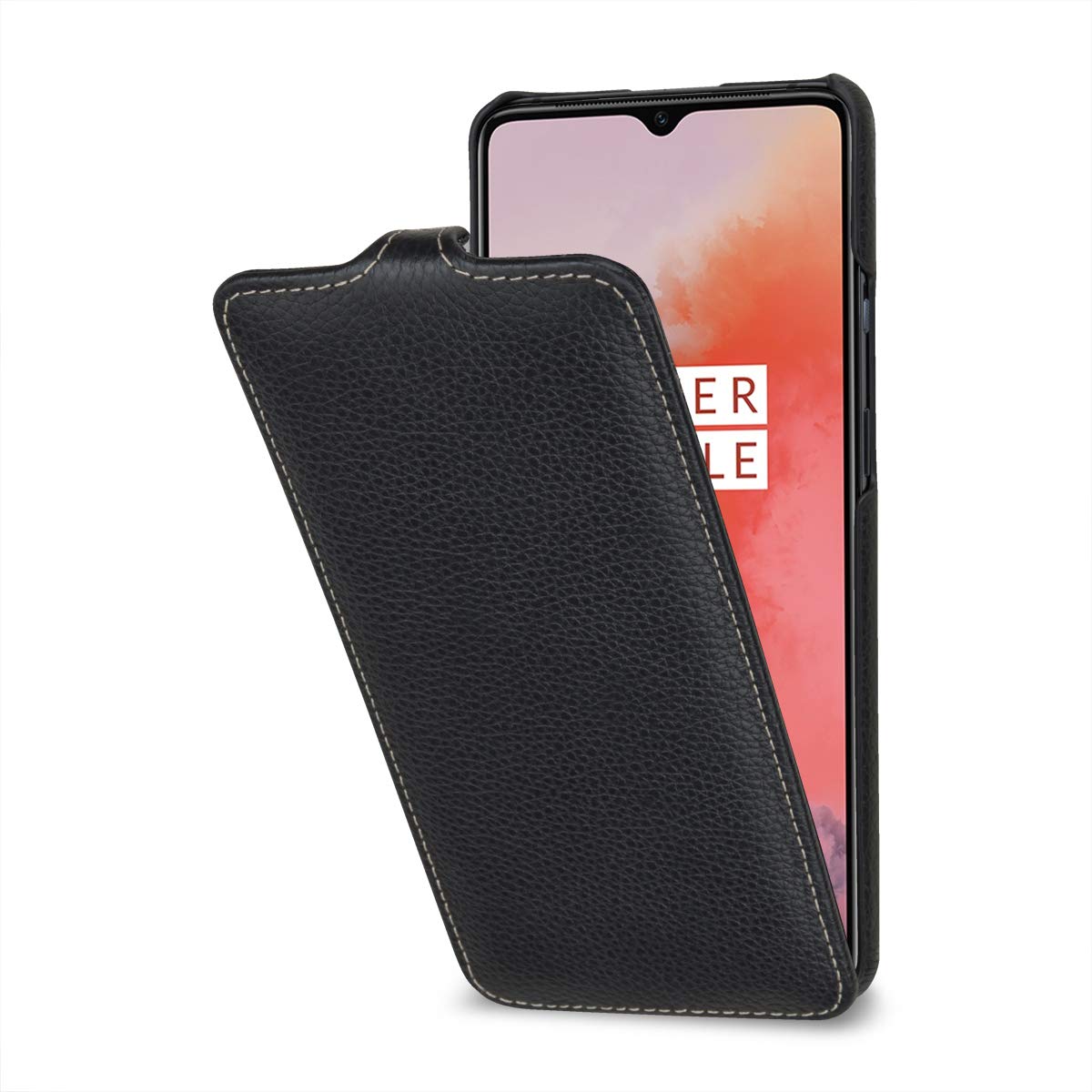 StilGut Slim Vertical Flip Case for OnePlus 7T, Genuine Leather OnePlus 7T Case, Black — image 1