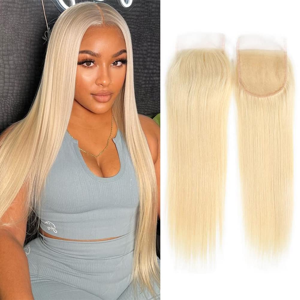 4X4 Lace Closure 613 Blonde Brazilian Hair Silky Straight Pre Plucked Transparent Lace Closure Human Hair Pieces Bleached Knots Natural Hairline 12 Inch — image 1