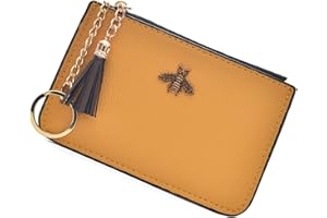 AnnabelZ Coin Purse Change Wallet Pouch Leather Card Holder with Key Chain Tassel Zip(Yellow)