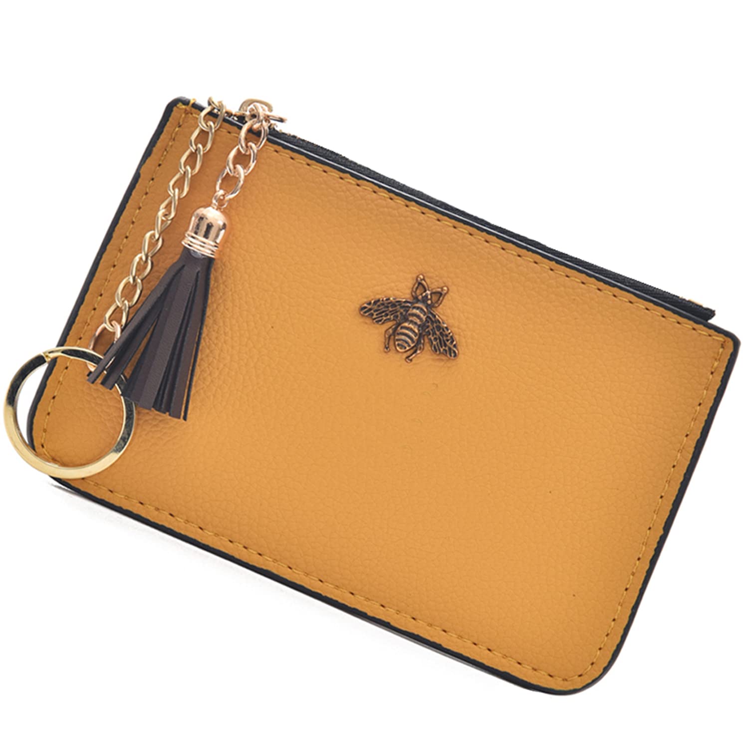 AnnabelZ Coin Purse Change Wallet Pouch Leather Card Holder with Key Chain Tassel Zip(Yellow)