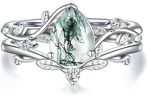 Luyona Natural Moss Agate Ring for Women 925 Sterling Silver Pear/Oval/Kite/Heart/Hexagon/Emerald/Coffin Cut Green Leaf Moss Agate Engagement Ring Promise Bridal Set Anniversary Birthday Jewelry Gifts