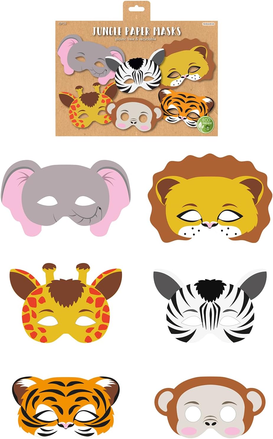HENBRANDT Jungle Animal Paper Party Masks Pack of 12 For Kids Safari Masks
