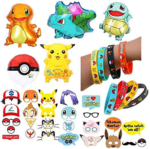 PLAYOLY 43 pcs Party Favor Supply Mega Pack for Pokemon Theme Party - Includes Pokemon Inspired Balloons, Bracelets, and Props - Perfect Stocking Stuffer