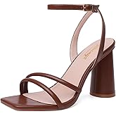RIBONGZ Block Heels Prom Heeled Sandals for Women Chunky Square Open Toe Strappy High Heels Ankle Strap Wedding Bridal Shoes High Heel Sandals for Party Dress