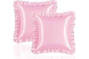 Eychei Pink Ruffle Pillow Shams Set of 2, 18 x 18 Inch Satin Ruffle Pillow Covers for Hair and Skin, Silky Pillowcase with Envelope Closure, Anti Wrinkle Ruffled Pillowcase for Sofa, Bed