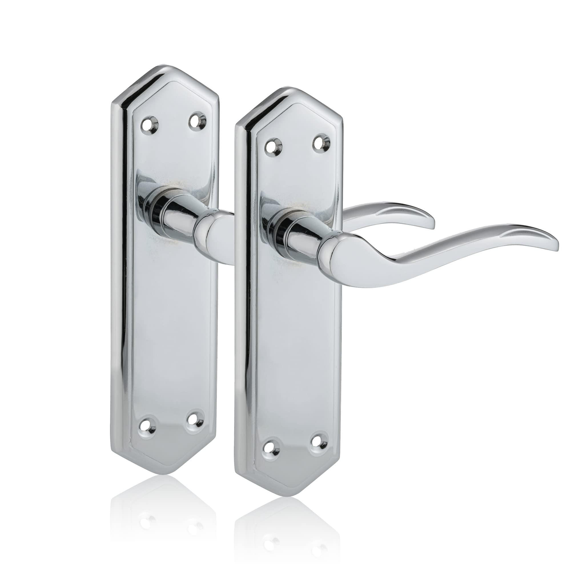 XFORT Chrome Elegance Range Polished Chrome London Suite Lever Latch Handles, Polished Chrome Long Backplate Door Handles, Contemporary Design for Internal Wooden Doors (1 Pair)