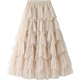 Dirholl Women's A-Line Fairy Patterned Elastic Waist Ruffle Tulle Layered Midi Skirt
