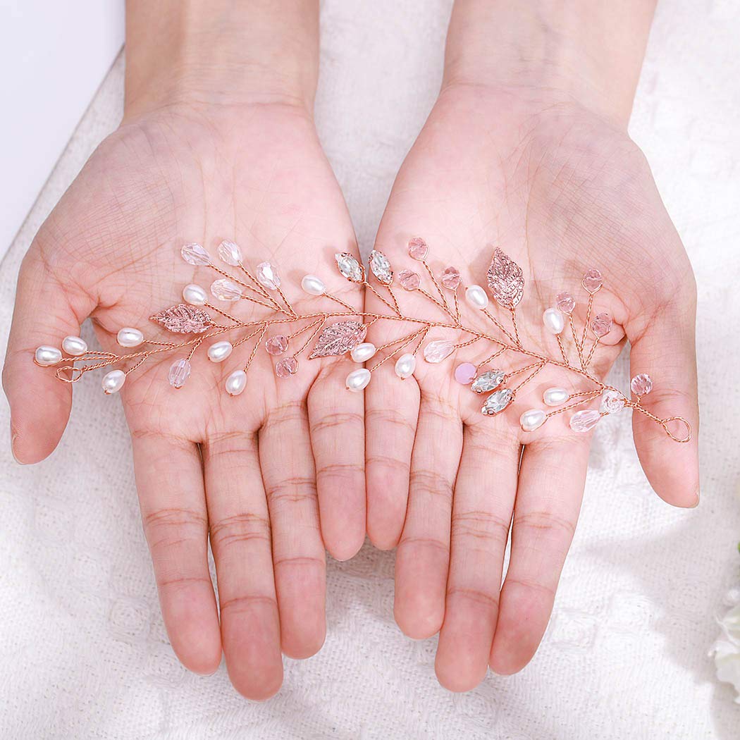 Ushiny Leaves Wedding Hair Vine Rose Gold Crystal Bridal Headpiece Pearl Hair Accessories for Women and Girls