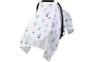 RQUITE Muslin Carseat Cover for Boys Girls, Breathable Infant Car Seat Canopy, Lightweight Baby Carrier Cover, Newborn Shower Gift, Fit Spring Summer/Hot Days/Warm Weather, Cactus