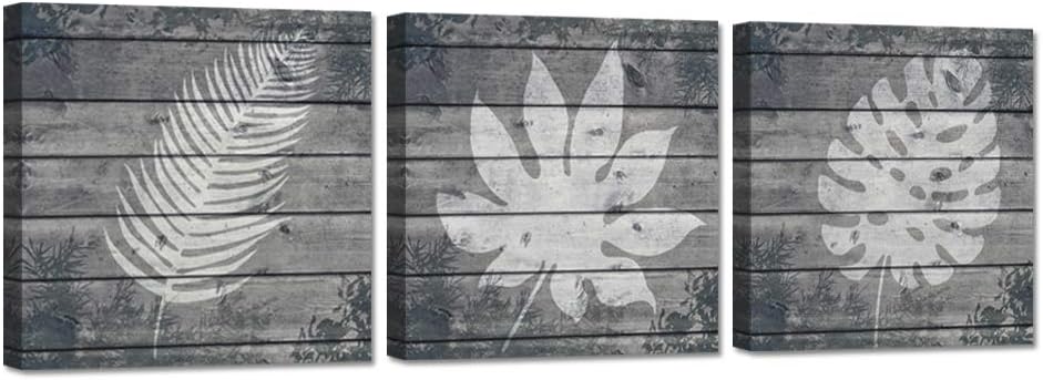 iHAPPYWALL 3 Pieces Botanical Prints Wall Art White Leaf Silhouette Simple Life on Vintage Grey Wood Background Giclee Print Stretched and Framed for Rustic Home Bedroom Bathroom Decor Ready to Hang