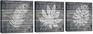 iHAPPYWALL 3 Pieces Botanical Prints Wall Art White Leaf Silhouette Simple Life on Vintage Grey Wood Background Giclee Print Stretched and Framed for Rustic Home Bedroom Bathroom Decor Ready to Hang