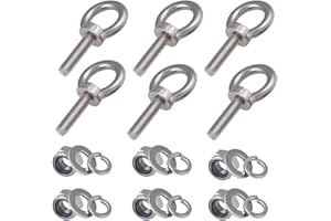 Abimars 304 Stainless Steel Machinery Shoulder Lifting Eye Bolt, 6 PCS M8 Extended Thread Lifting Eyebolts with Lock Nuts, Lock Washers, Flat Washers