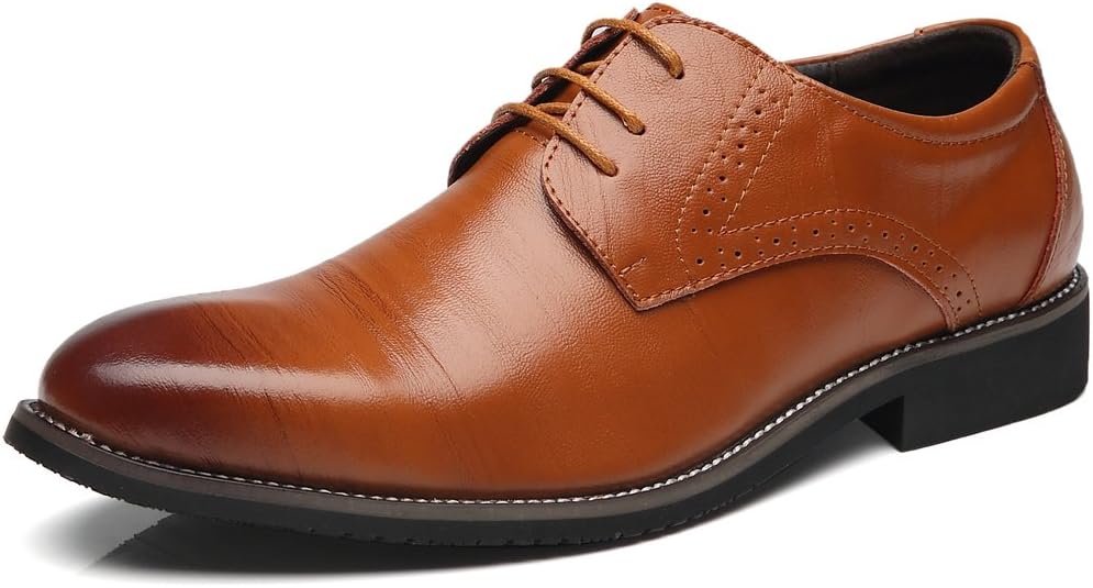 Senyee Men's Casual Oxford Dress Shoes, Classic Modern Round-Toe Brogue Lace Up Wingtip Leather Oxfords