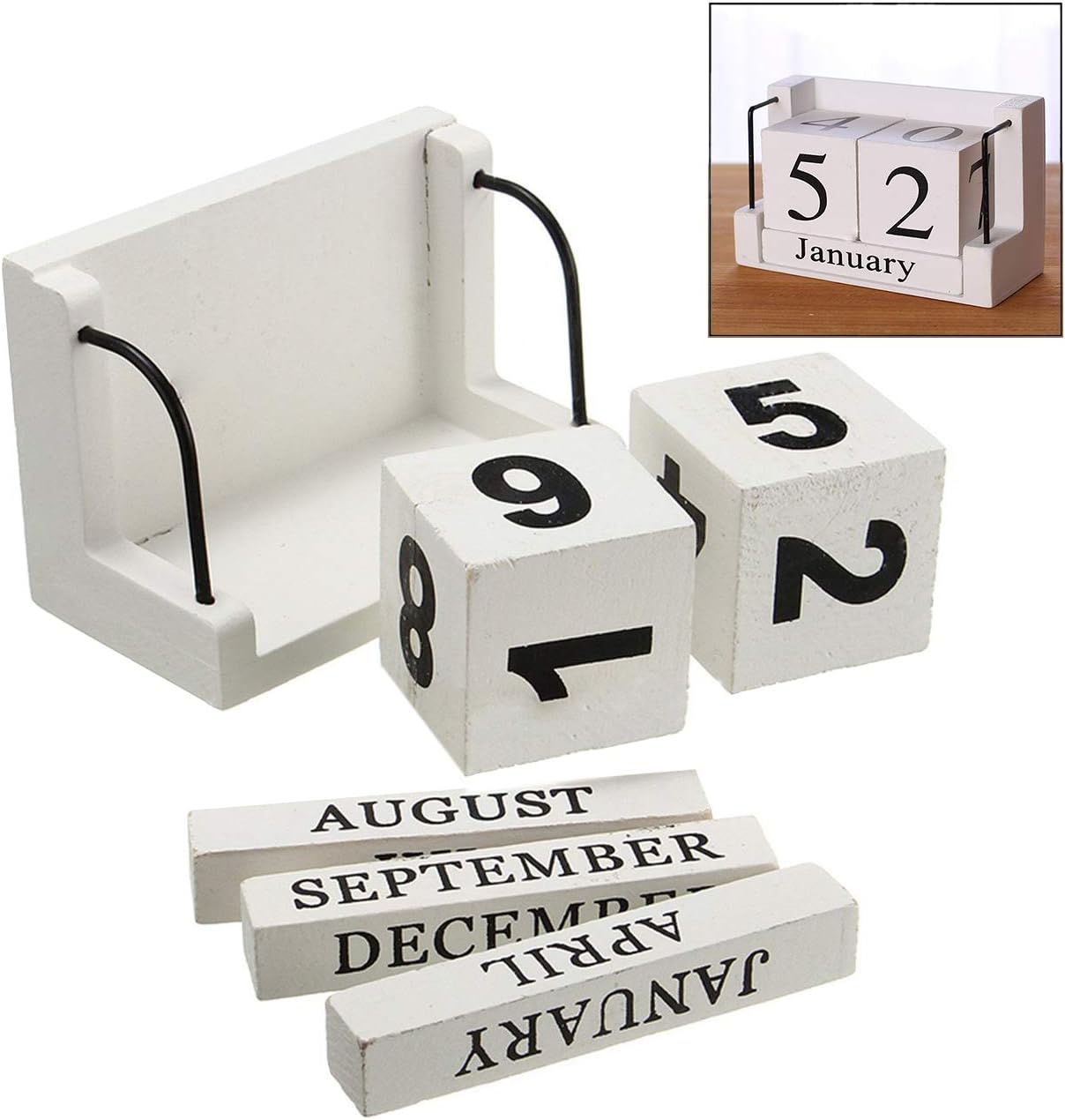 LHKJ Wooden Perpetual Calendar Dice Calendar Wood Block Month Date Display Office Home Desk Decor (Creamy white)