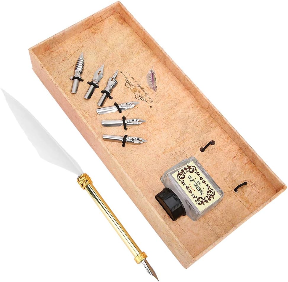 Fdit Vintage Feather Pen, Simple Metal Calligraphy Writing Quill Pen with Ink Pen Gift Box for Christmas Birthday (9.4in) - Image 3