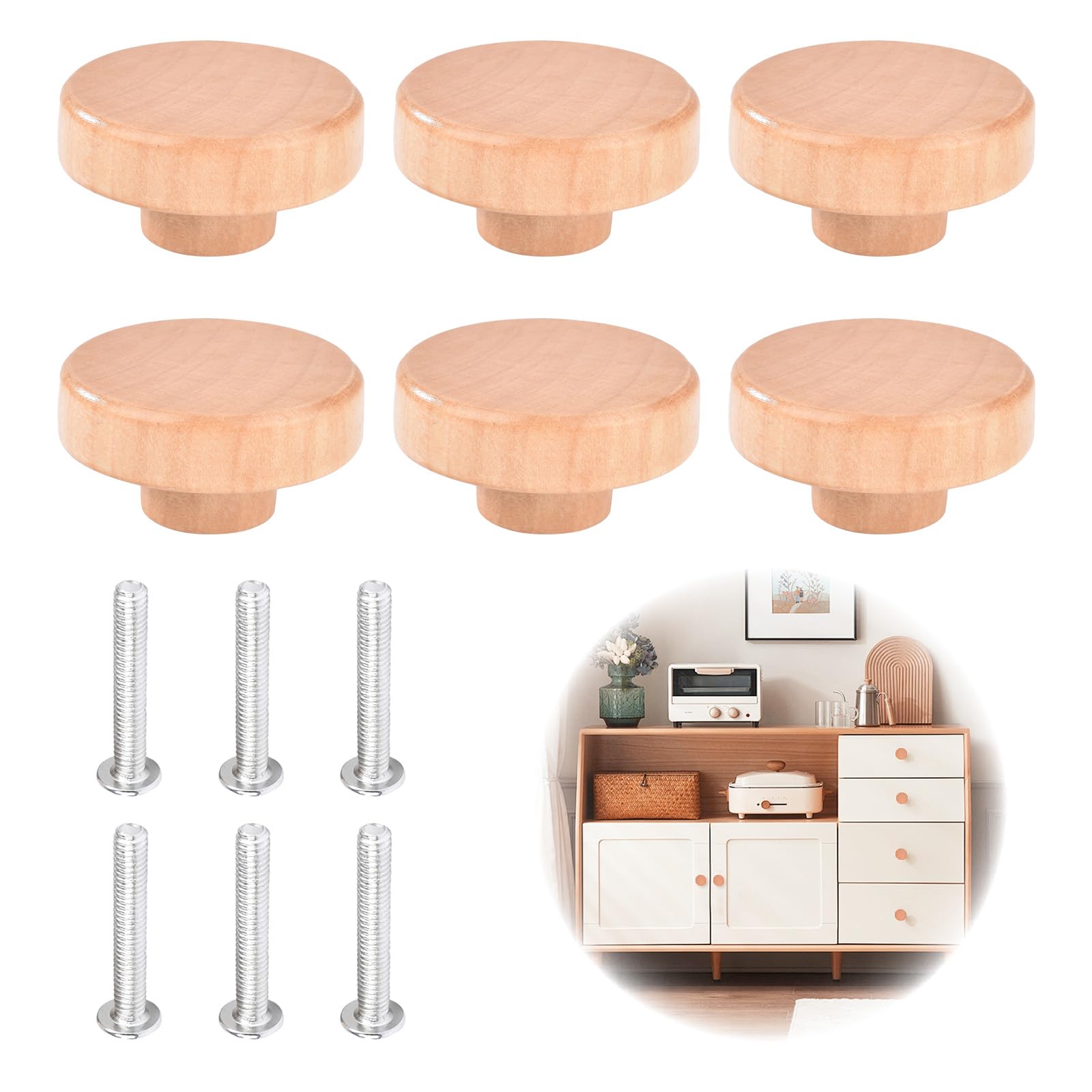JIABEIUS Jiayaus 6 Pack 38mm Vintage Wooden Round Drawer Knobs Drawer Handles for Kitchen Cabinet Cabinet Furniture